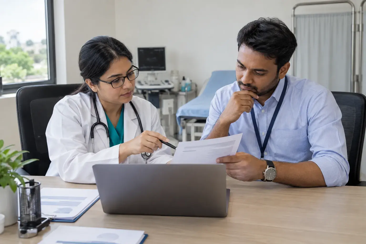 Clinician and manager checking clinic service information Clinician and manager checking clinic service information