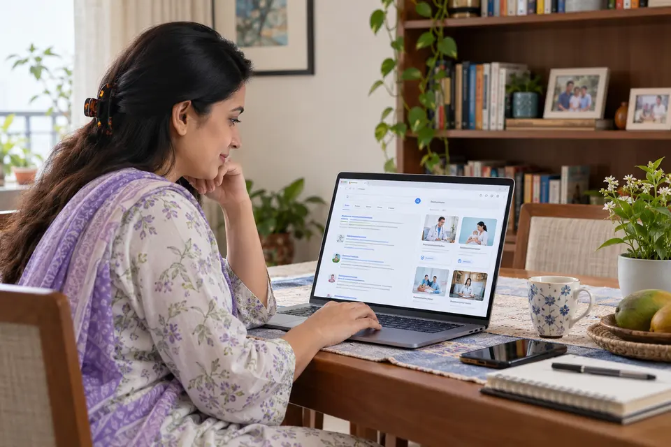 Caregiver researching clinic services from home.