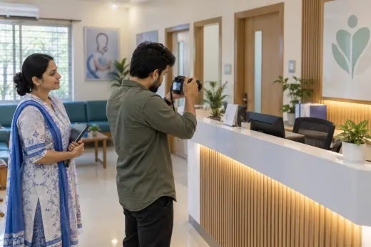 Creating accurate clinic social content Content creator photographing a clinic reception with the clinic manager