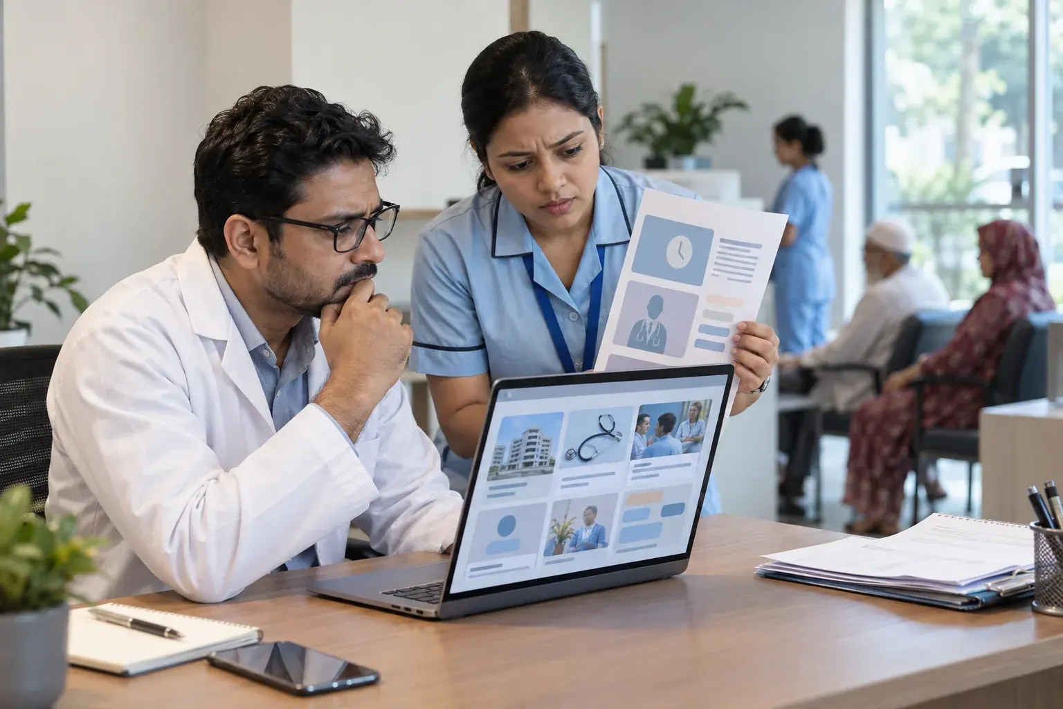 Clinic team checking social media information against printed material Clinic team checking social media information against printed material