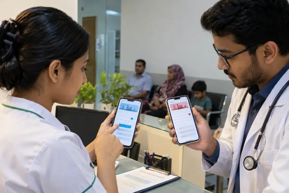 Doctor and staff member comparing social information on their phones Doctor and staff member comparing social information on their phones