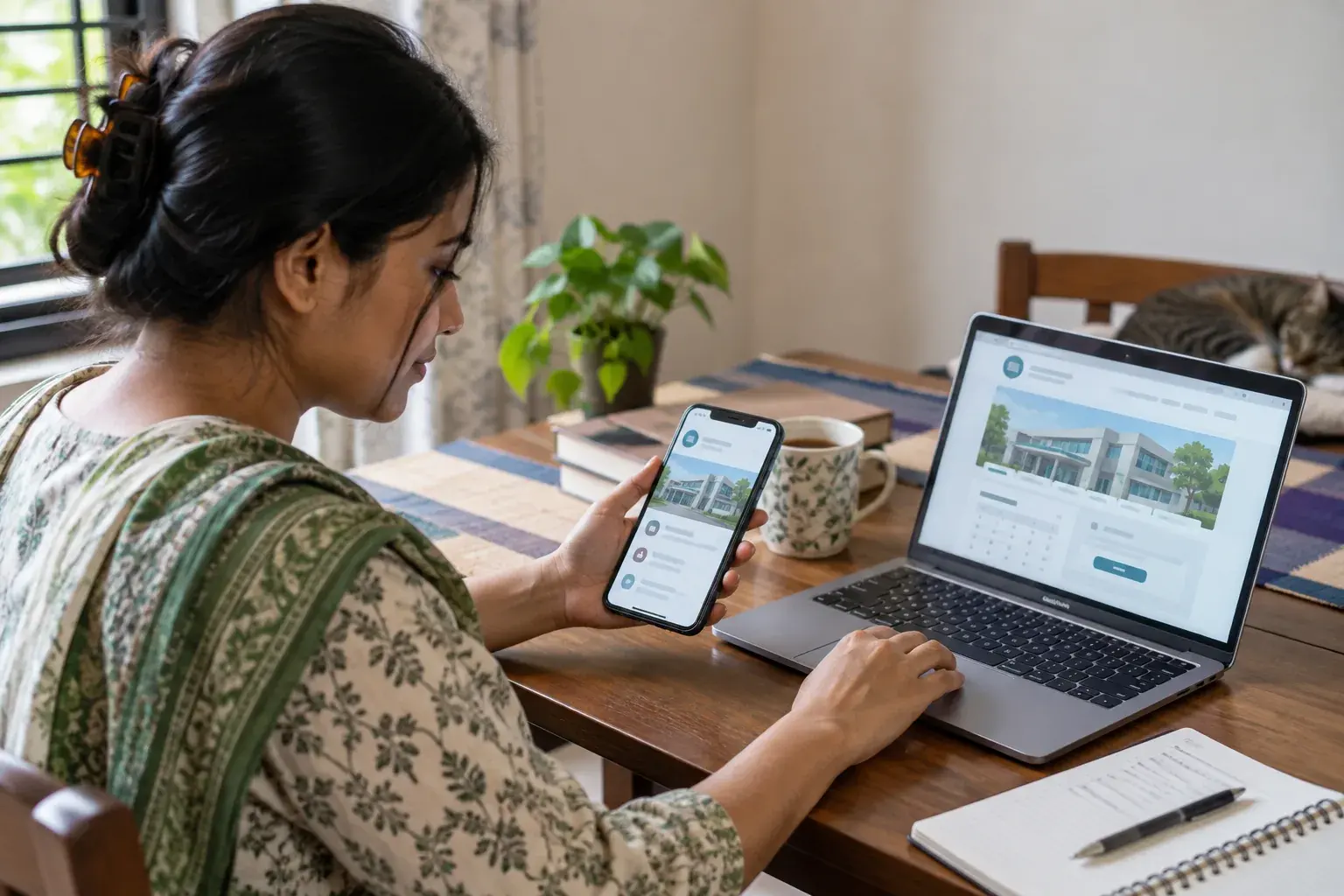 Woman comparing clinic information on her phone and laptop at home Woman comparing clinic information on her phone and laptop at home