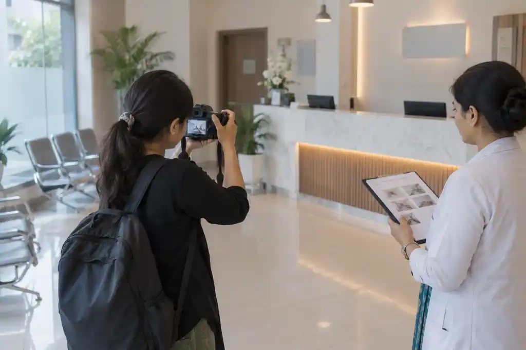 At a clinic reception before opening hours, a civilian content creator photographs the clean public area while the clinic manager checks the approved shot list; camera geometry coherent.