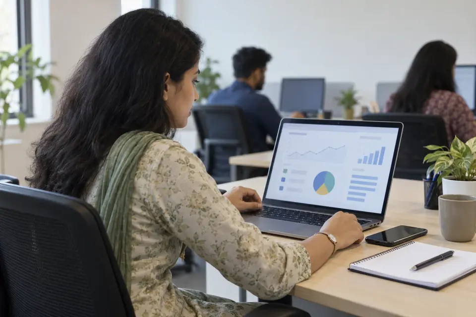 Marketing specialist reviewing a clinic social media report Marketing specialist reviewing a clinic social media report