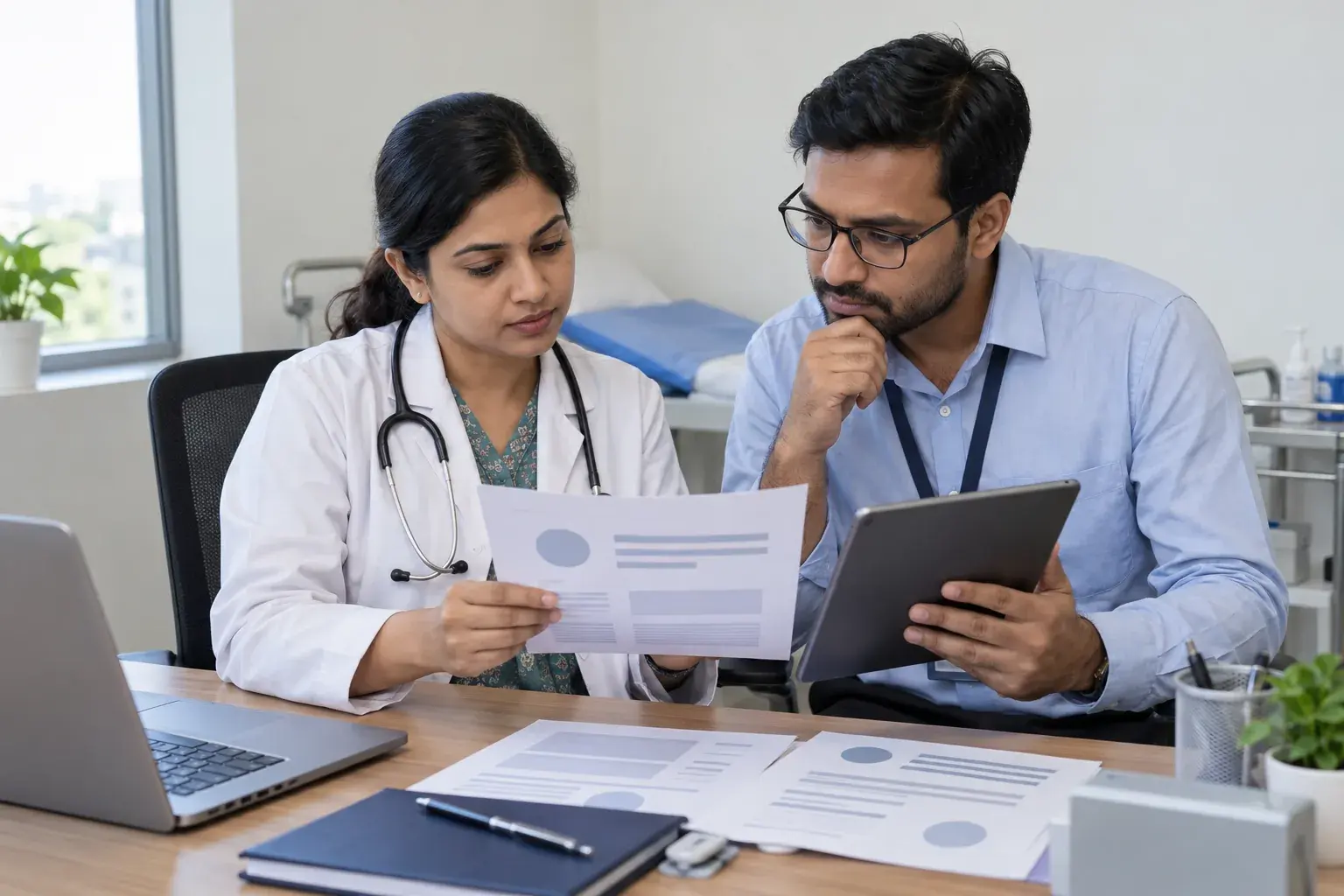 Clinician and manager reviewing social content before publication Clinician and manager reviewing social content before publication