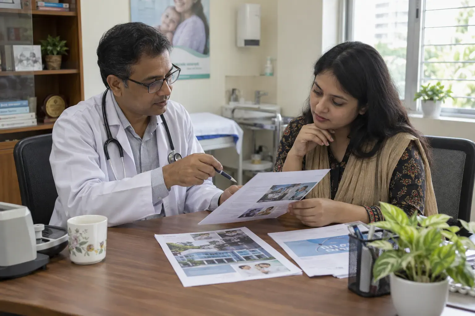 Clinical content review in a clinic's chamber Clinic and healthcare content specialist reviewing educational material in a chamber