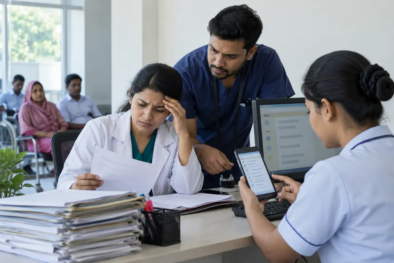 Clinic staff comparing website information against printed records Clinic staff comparing website information against printed records