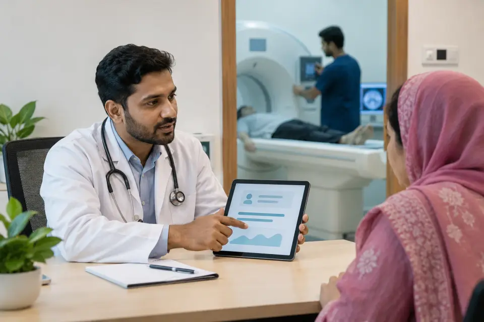 Clinician discussing online service information with a patient Clinician discussing online service information with a patient