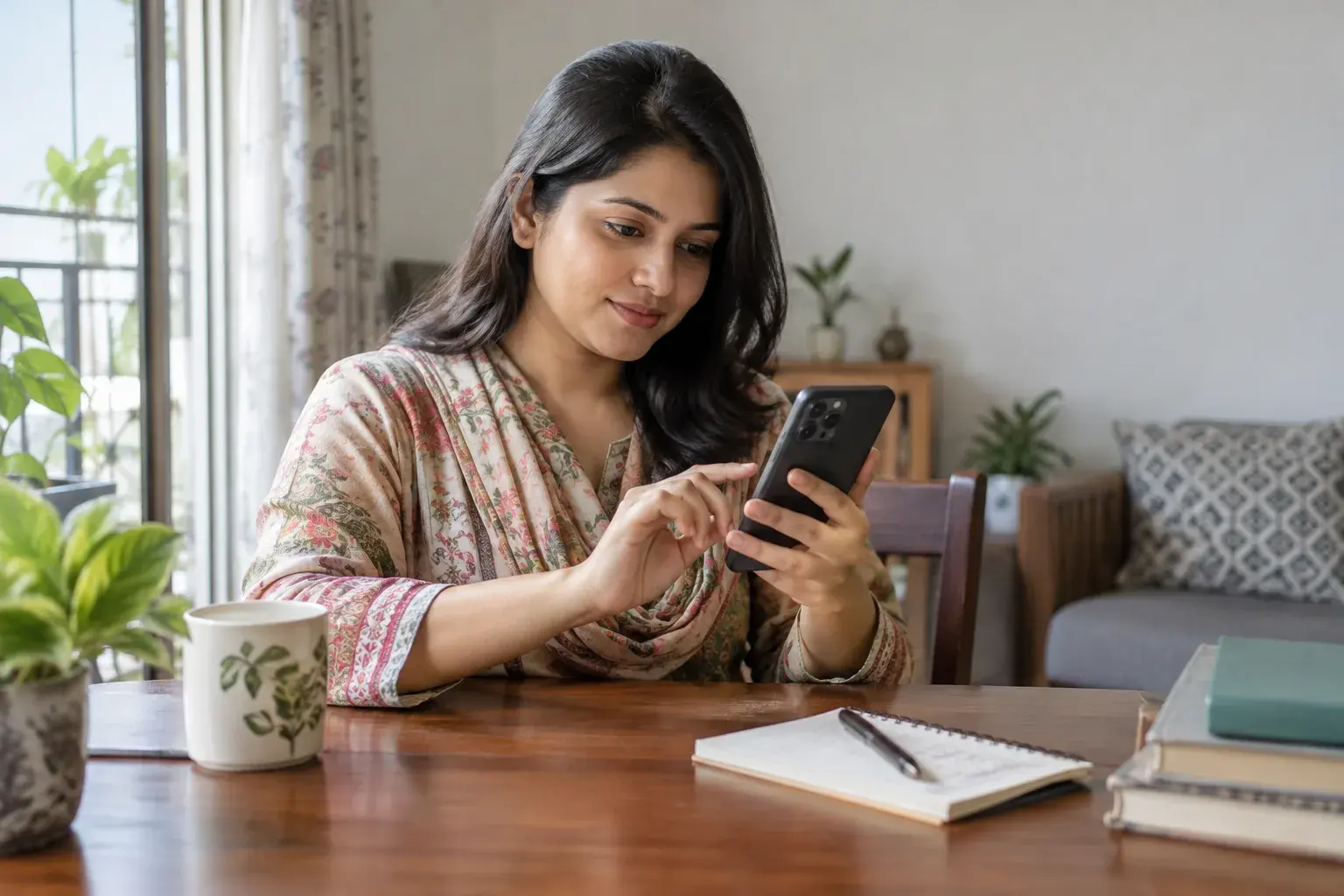 Woman looking up clinic information on her phone at home Woman looking up clinic information on her phone at home
