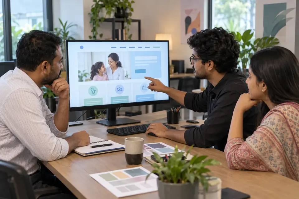 Clinic manager and website designers reviewing a clinic homepage on a desktop monitor Clinic manager and website designers reviewing a clinic homepage on a desktop monitor