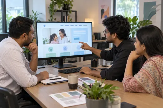 Reviewing the clinic website design Clinic owner and web designers reviewing a clinic website layout at an agency