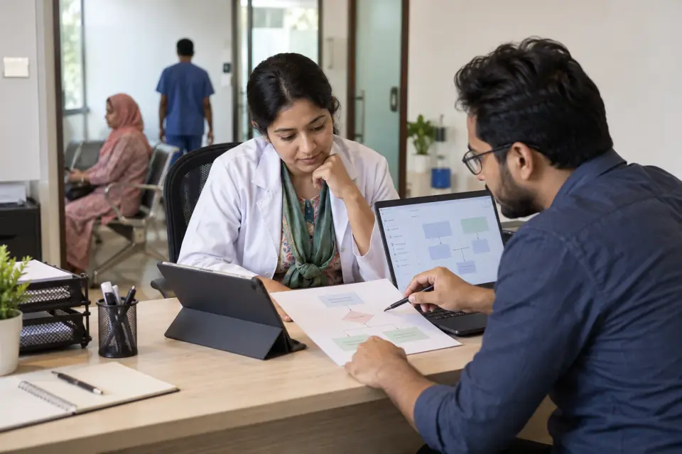 Clinic owner and specialist planning the website structure Clinic owner and specialist planning the website structure