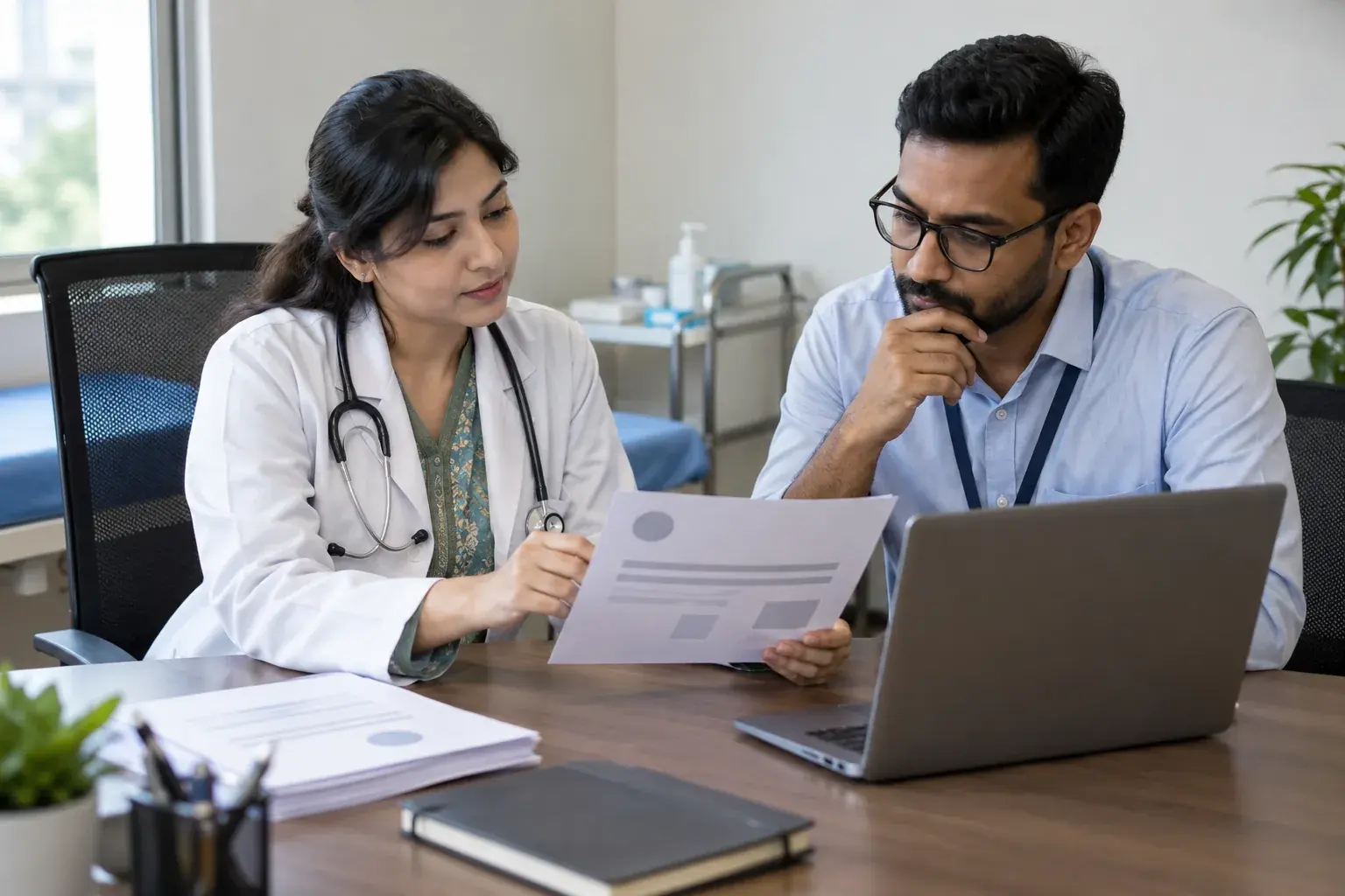 Clinician and manager reviewing patient-facing website content Clinician and manager reviewing patient-facing website content