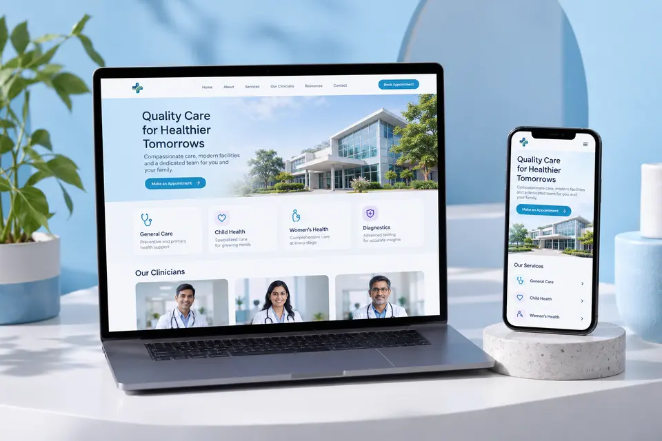 Responsive clinic website displayed on laptop and phone.