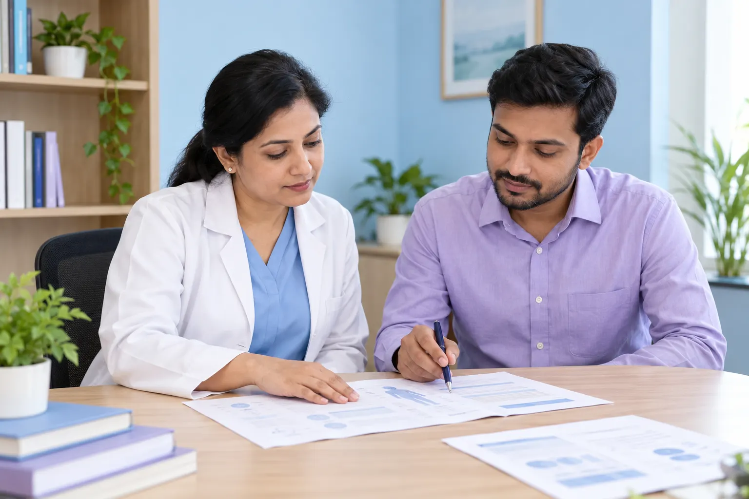 Clinical content review in a doctor's chamber Doctor and healthcare content specialist reviewing educational material in a chamber