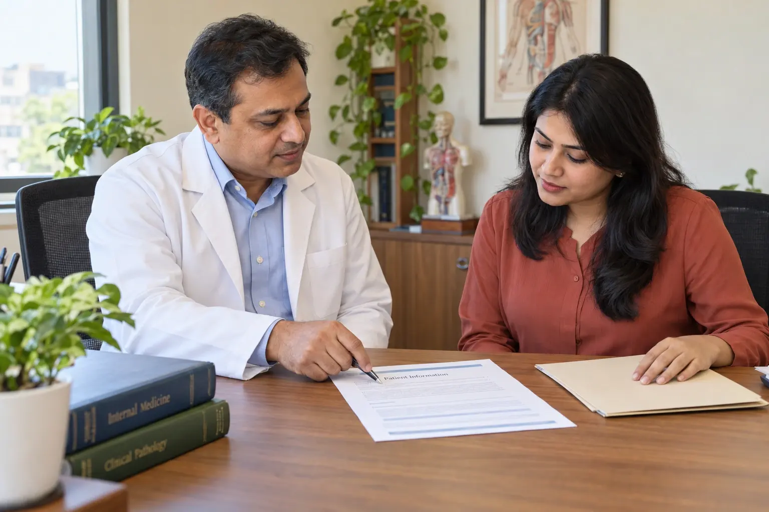 Doctor and content editor reviewing printed health information in a chamber