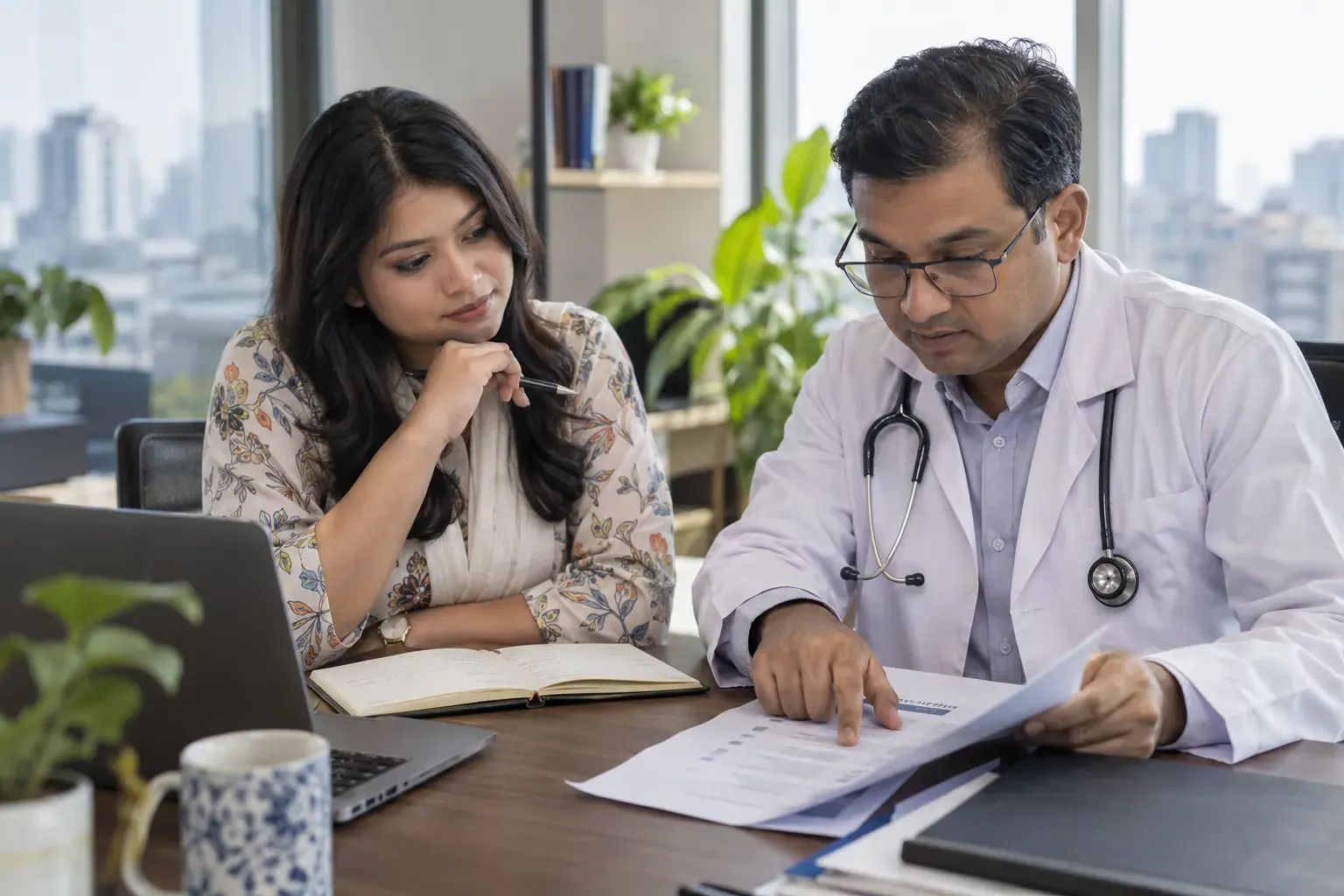 Bangladeshi physician and communications specialist reviewing healthcare copy before publication