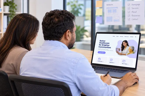 Sirajul Islam and a clinic administrator review a healthcare website at an agency workstation.