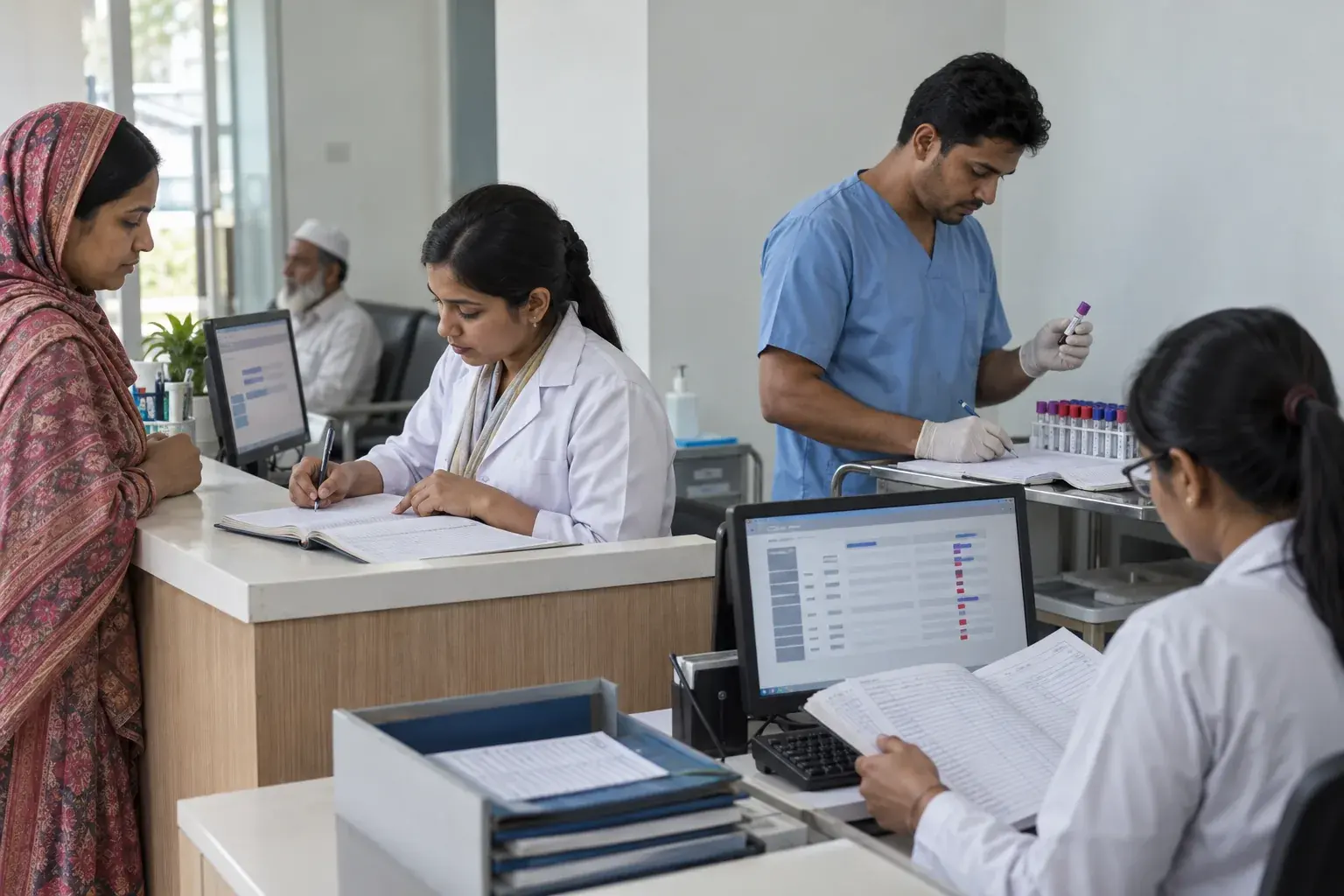Diagnostic centre staff reconciling laboratory records and registrations Diagnostic centre staff reconciling laboratory records and registrations