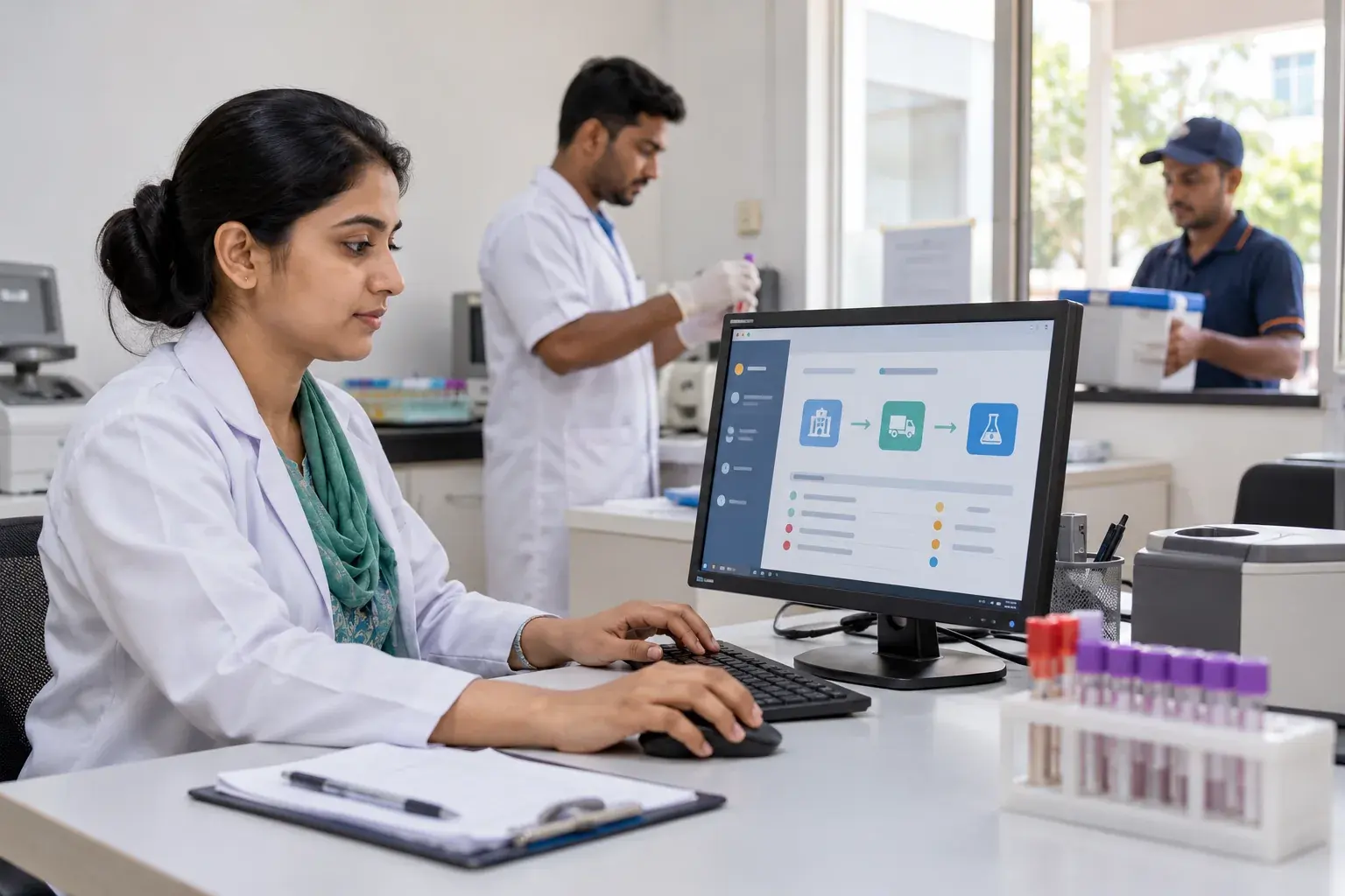 Laboratory staff checking a diagnostic workflow on a front-facing monitor Laboratory staff checking a diagnostic workflow on a front-facing monitor