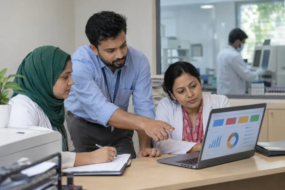 Diagnostic centre team reviewing operational results on a laptop Diagnostic centre team reviewing operational results on a laptop