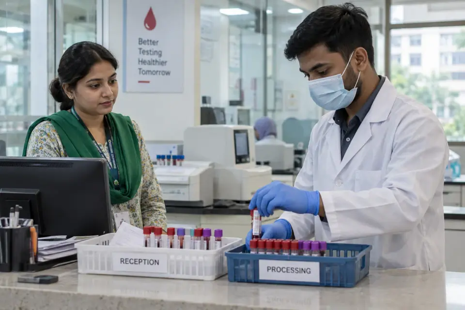 Inside a diagnostic centre, an administrator observes a technician moving sealed specimen tubes between clearly separate reception and processing trays. Inside a diagnostic centre, an administrator observes a technician moving sealed specimen tubes between clearly separate reception and processing trays.