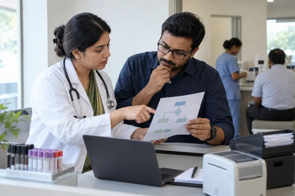 Diagnostic centre manager and specialist mapping a laboratory workflow Diagnostic centre manager and specialist mapping a laboratory workflow