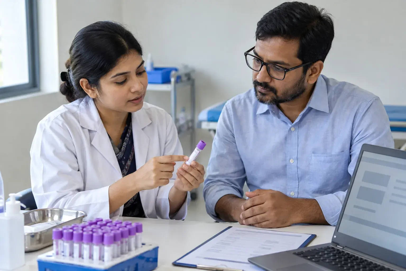 Clinician and manager verifying test handling with a sample tube Clinician and manager verifying test handling with a sample tube
