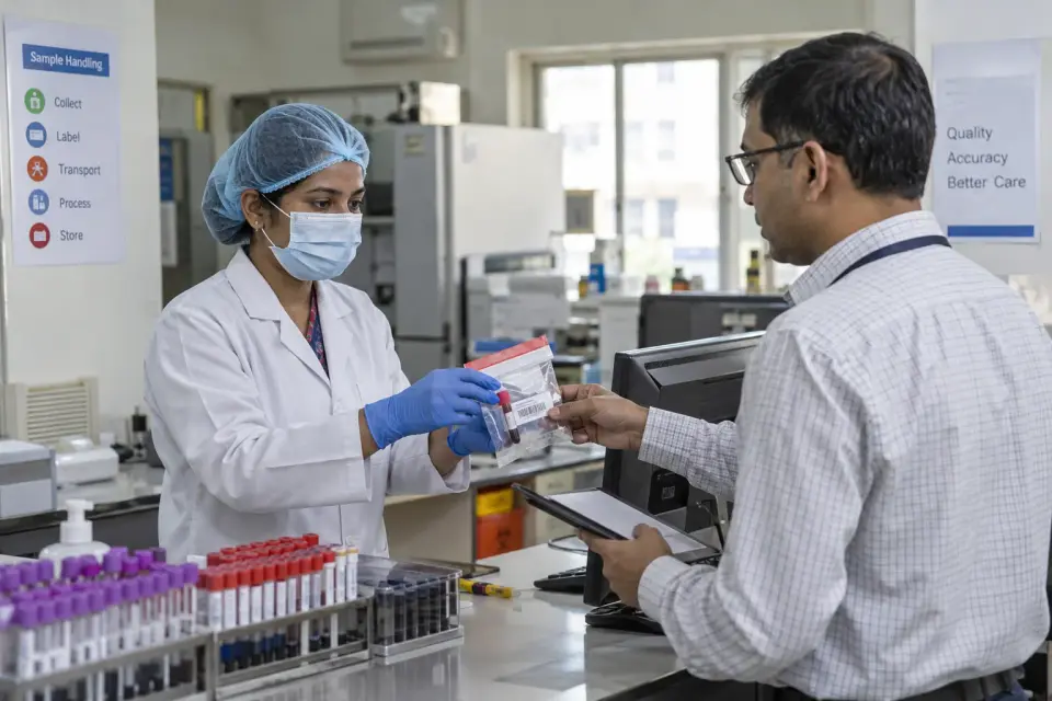 Inside a hospital pathology laboratory, a technician and diagnostics administrator trace a sealed sample handoff beside realistic sample racks and a neutral computer shown from behind.