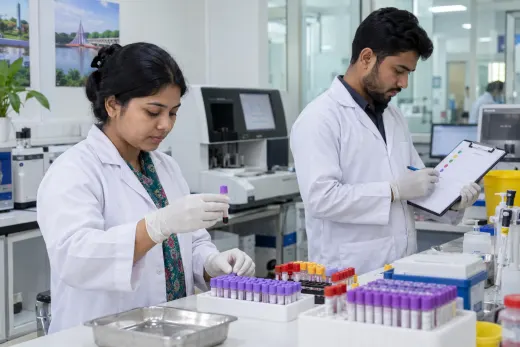 Coordinating diagnostic samples and reports Laboratory staff checking sample tubes and a workflow list in a diagnostic lab
