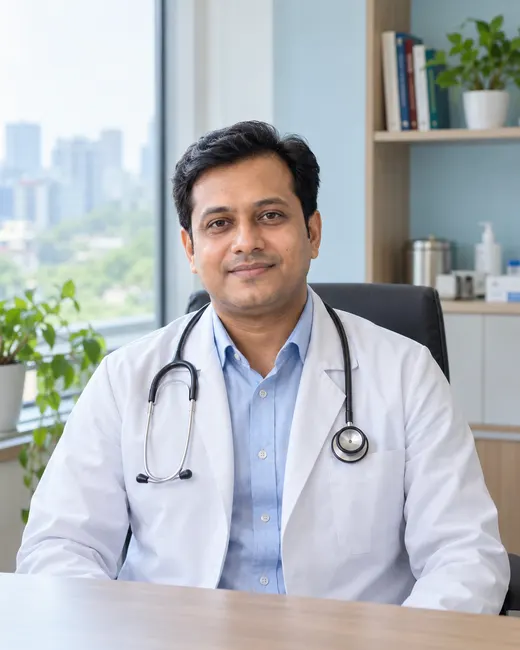Doctor in his chamber in Bangladesh Bangladeshi doctor seated at his desk in a bright private chamber