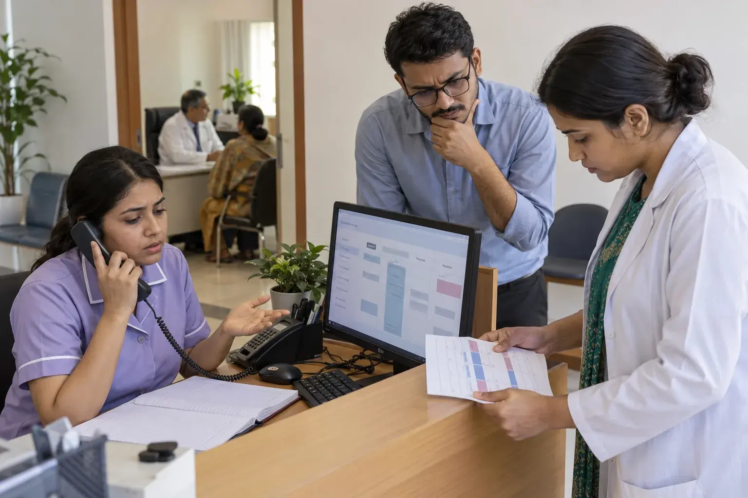 Doctor and reception staff comparing paper information with a content dashboard