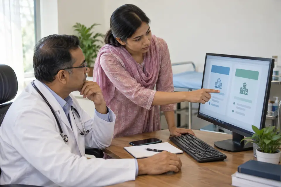 Doctor and colleague checking online practice information on a monitor