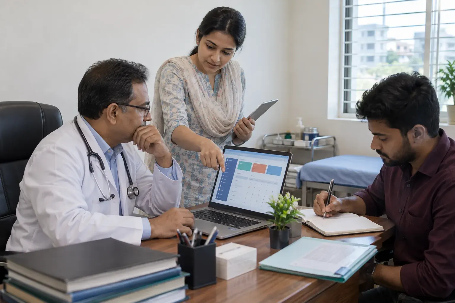 Doctor and staff member reviewing a website dashboard in the chamber