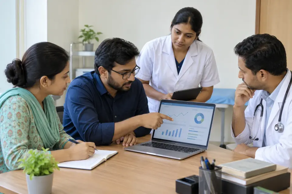 Doctor and team reviewing a content dashboard report