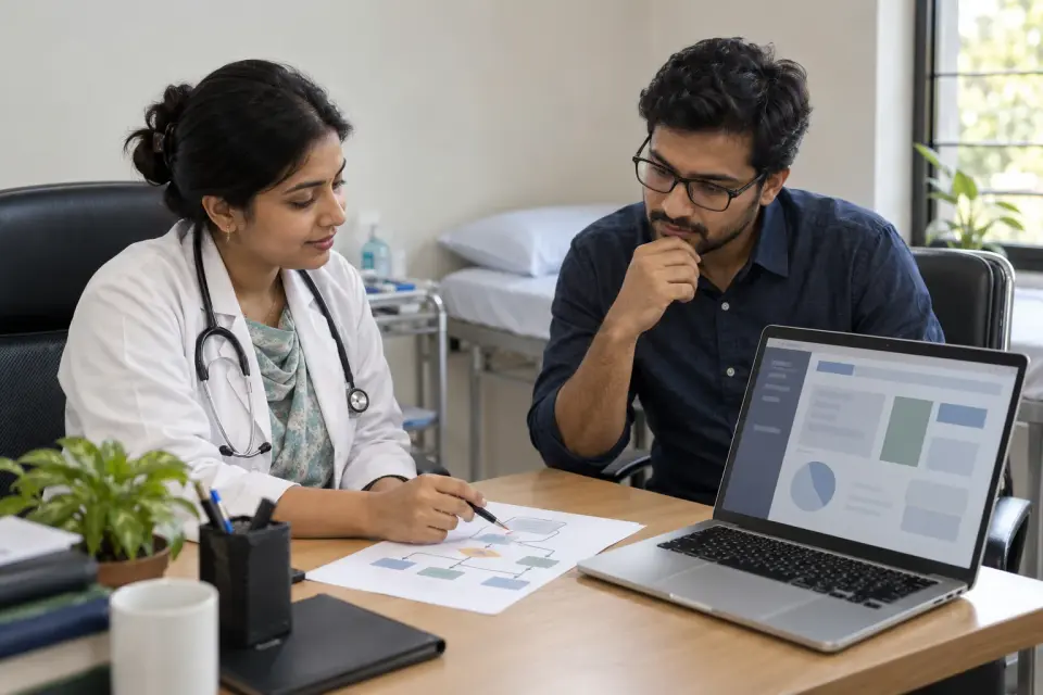 Doctor and specialist planning a content dashboard workflow