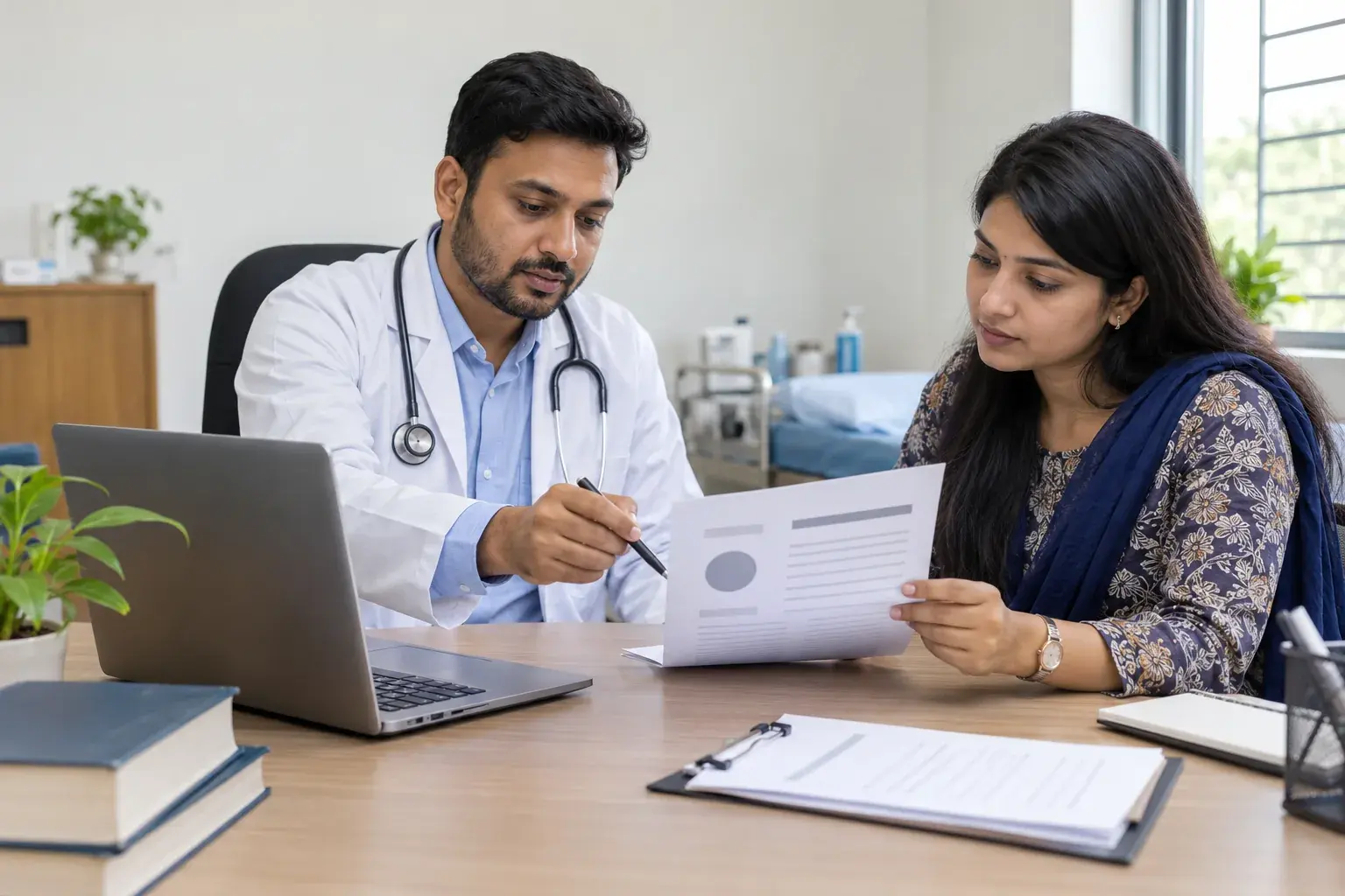 Doctor checking professional content with a patient-facing document