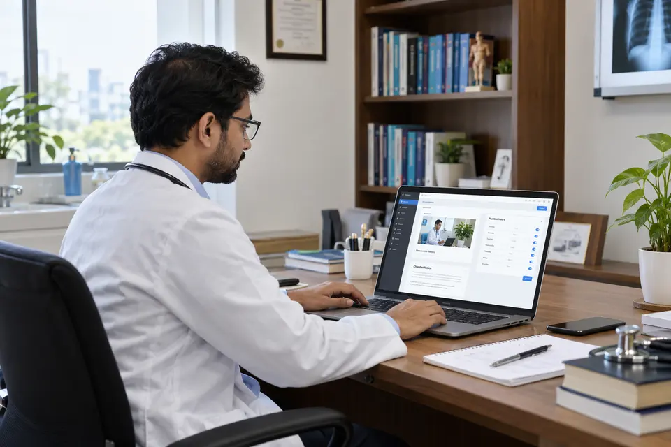 Doctor updating practice information through a website dashboard.