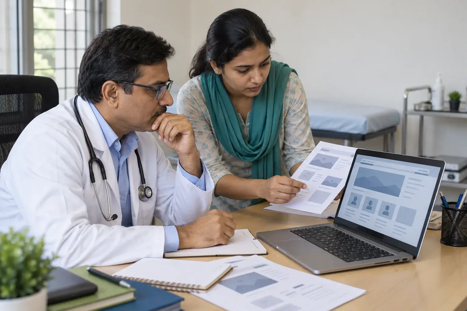 Doctor and team comparing clinical information with website drafts Doctor and team comparing clinical information with website drafts