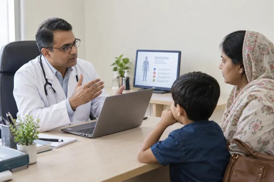 Doctor explaining health information to a family in the chamber Doctor explaining health information to a family in the chamber