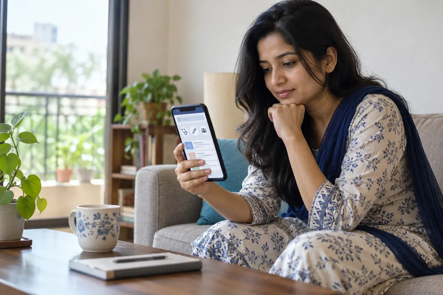 Woman reading doctor information on her phone at home Woman reading doctor information on her phone at home
