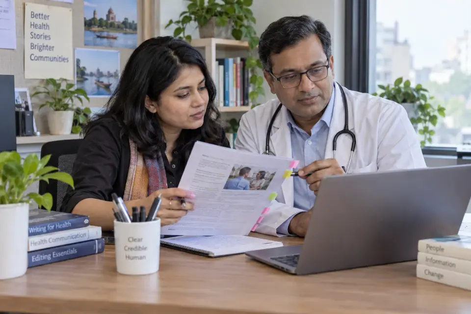 At an agency editing desk, a civilian editor and doctor review a patient-education article proof with source notes, no readable health claim.
