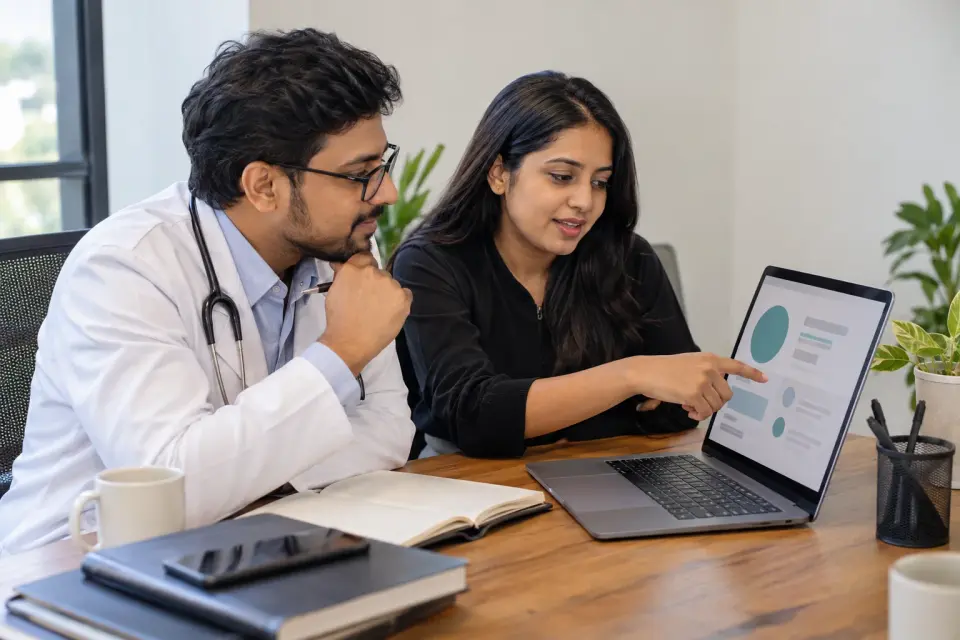 Doctor and marketing specialist planning patient education content Doctor and marketing specialist planning patient education content