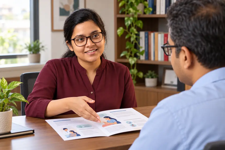 Monwara Moni discussing printed healthcare content with a doctor in an agency meeting room Monwara Moni discussing printed healthcare content with a doctor in an agency meeting room