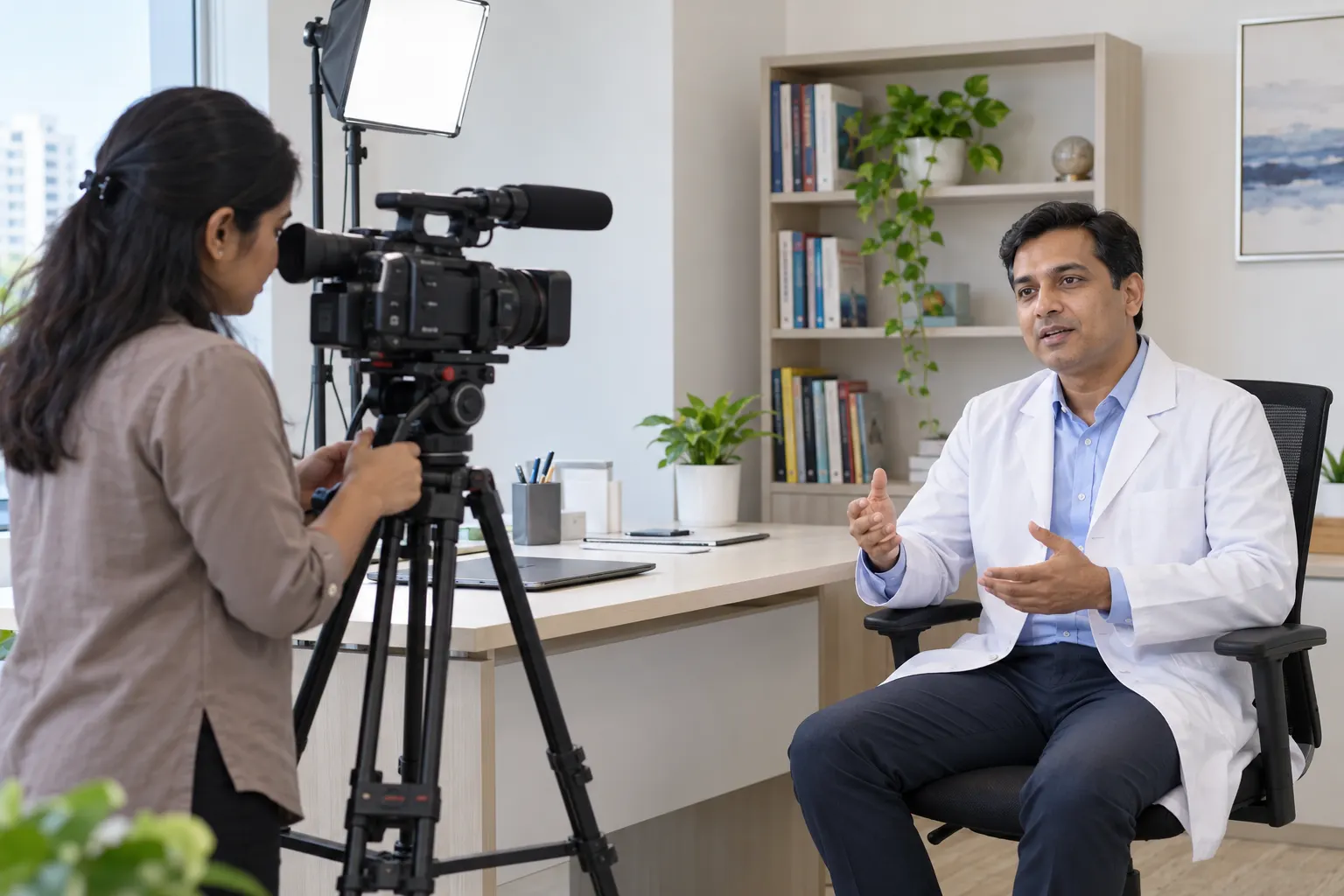 Clear healthcare communication through educational video Doctor recording an educational video with a videographer in his chamber