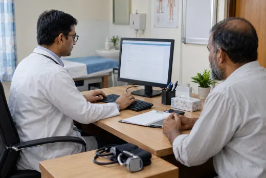 Preparing an electronic prescription in a chamber Doctor entering a prescription on a desktop computer during a chamber consultation