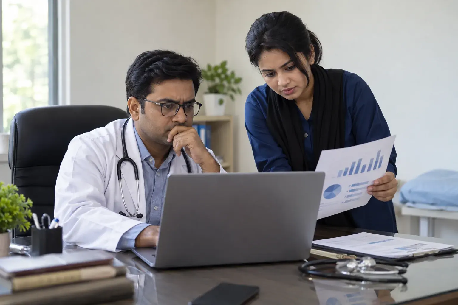 Doctor and specialist checking a proposed Facebook advertisement Doctor and specialist checking a proposed Facebook advertisement