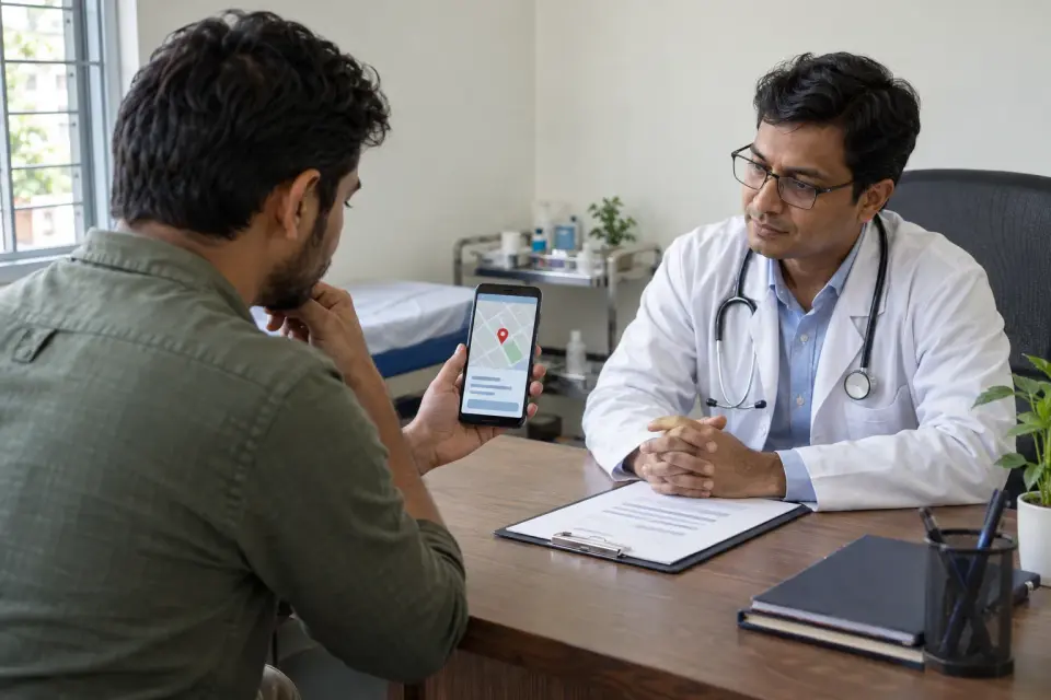 Patient showing a clinic listing on a phone during a consultation Patient showing a clinic listing on a phone during a consultation
