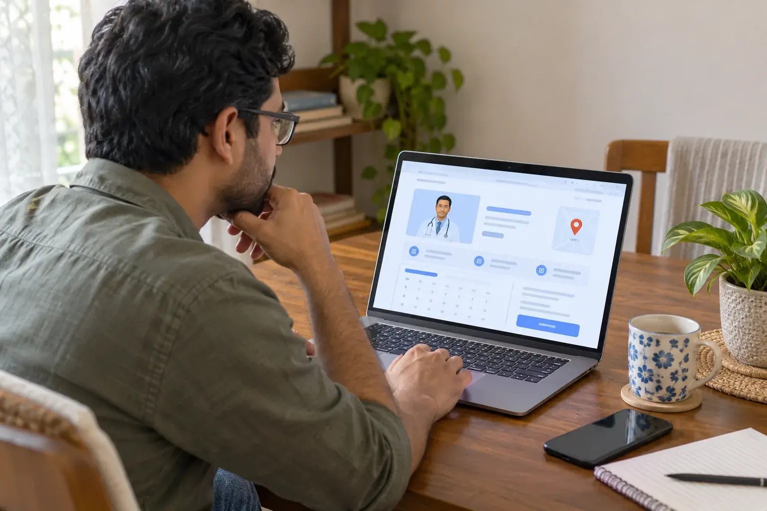 Man reviewing a doctor advertisement on a laptop at home Man reviewing a doctor advertisement on a laptop at home