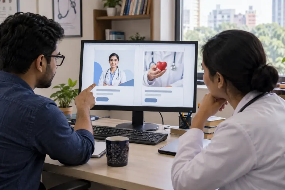 An agency advertising specialist and doctor compare two neutral creative layouts on a front-facing monitor, with no metrics, endorsements or platform logo.